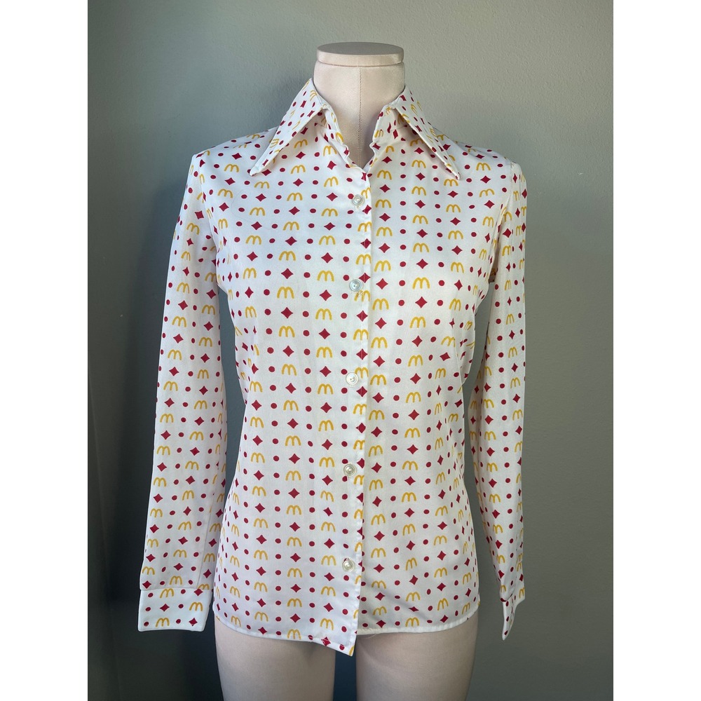 McDonalds Blouse White Red Yellow Vintage 1976 Logo Print Dagger Collar Shirt 8